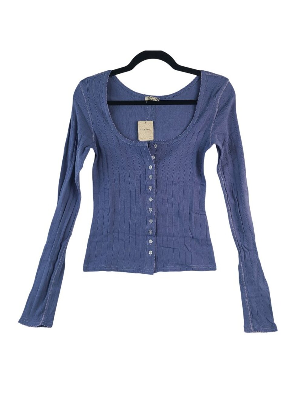 Free People Intimately Women Periwinkle Ribbed Button-Front Long Sleeve Top Sz M